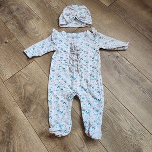 0-3 Floral Footies And Matching Turban hat